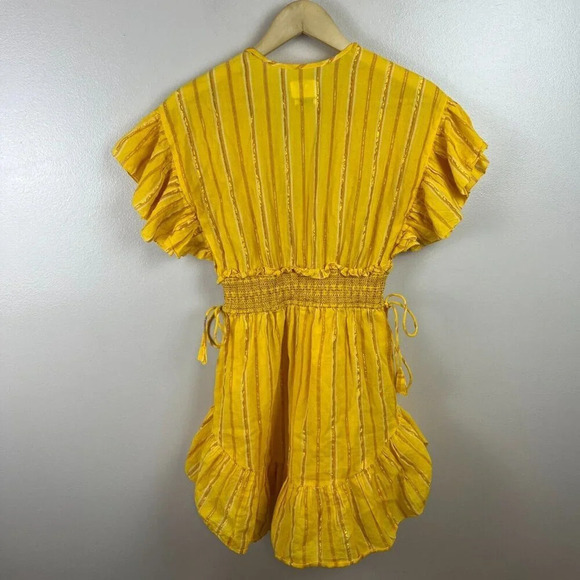 Saylor Adrianne Ruffle-Sleeve Mini Dress Size XS Yellow Stripes Smocked - Picture 3 of 10